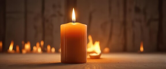 A large pillar candle with a high orange flame, light, fire