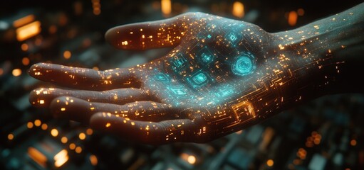 Futuristic Digital Interface with Glowing Circuit Patterns and Holographic Icons in Cyberpunk Style