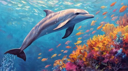 Naklejka premium Colorful Dolphin Swimming in Vibrant Coral Reef Underwater Scene