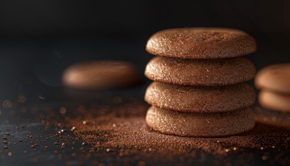 A stack of four chocolate chip cookies on a black surface with cocoa powder sprinkled around them.