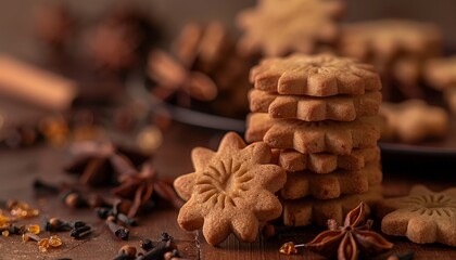 A stack of freshly baked star-shaped cookies sits on a wooden table surrounded by spices like cinnamon sticks, star anise, and cloves.
