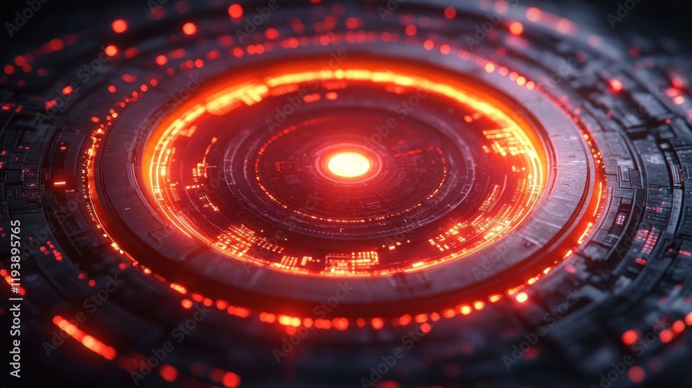 Poster glowing red circular portal activating in dark space.