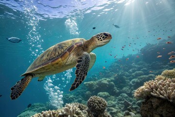 Fototapeta premium A majestic sea turtle gliding through the water bubbles near a coral reef amidst an underwater landscape, aquatic plants, coral formation, marine ecosystem