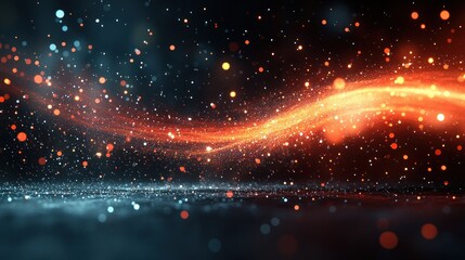 Glowing swirling particles on dark background, festive backdrop.
