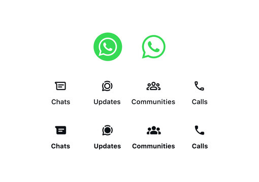 whatsapp logo button, whatsapp app vector icons set " chats, updates, communities, calls, and inbox, icon in line and filled, solid, flat style for comminication app design, web development