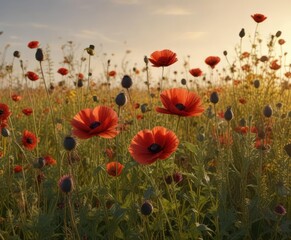 Fototapeta premium A mix of dark red poppy flowers and yellow thistle weeds in a golden light, red flowers, yellow flowers, autumn flowers