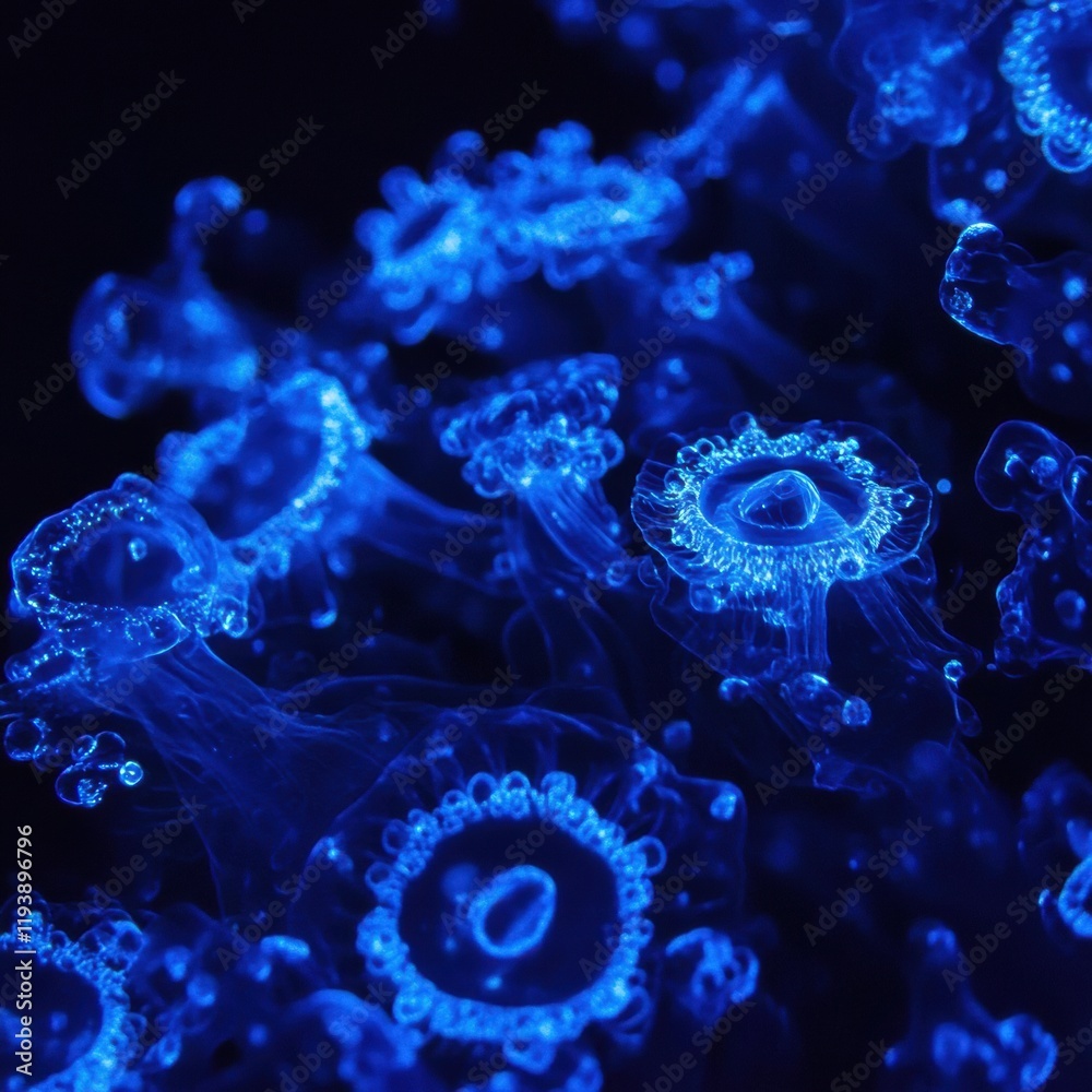 Leinwandbilder glowing microorganisms illuminated by ultraviolet light in a dark environment. generative ai
