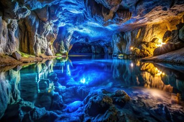 Fototapeta premium A murky pool of indigo liquid reflects the dim light of a cave, cavernous space, rocky outcroppings, dimly lit