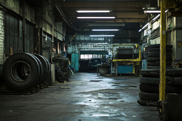 A dimly lit industrial garage with tires and machinery, suggesting vehicle maintenance.