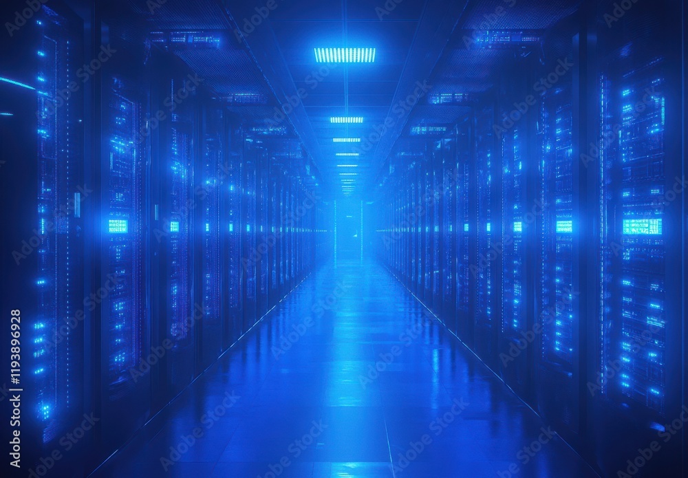 Poster futuristic data center interior with rows of server racks illuminated by blue light creating a high-