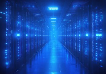 Fototapeta premium Futuristic Data Center Interior with Rows of Server Racks Illuminated by Blue Light Creating a High-Tech Atmosphere for Digital Connectivity and Data Storage