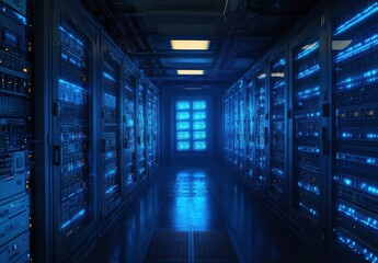 Futuristic Data Center with LED Lighting and Server Racks Illuminated in Blue, Depicting Technology, Networking, and Cybersecurity Concepts