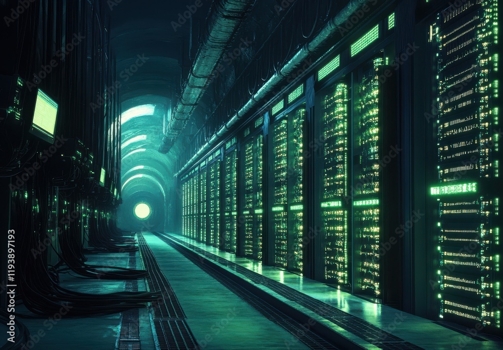 Poster futuristic data center with rows of servers illuminated by green lights in a high-tech environment, 