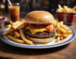 A perfectly grilled cheeseburger on a vintage plate with crispy French fries and a side of sweet relish, classic, sweet relish
