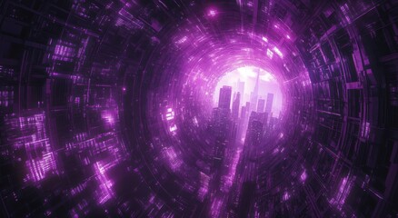 Fototapeta premium Futuristic Digital Cityscape with Purple Light and Abstract Patterns in a Circular Perspective, Capturing the Essence of a Sci-Fi Universe and Advanced Technology