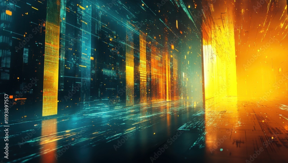 Poster futuristic digital data stream with vibrant light effects and abstract technology background represe
