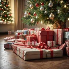 A pile of gifts on a floor under the Christmas tree, joyful atmosphere, festive colors