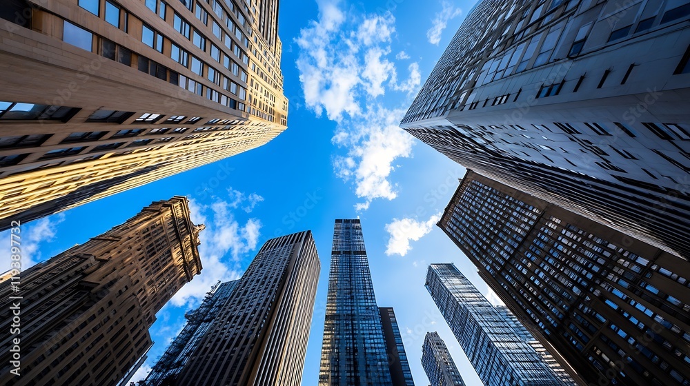 Poster dynamic view of urban city skyscrapers reaching towards blue sky on a clear day : generative ai
