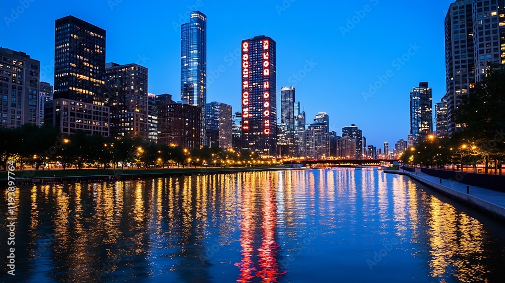 Poster skyline of chicago illuminated at night with reflective water and modern architecture : generative a