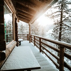Cozy Winter Cabin Porch  Snow  Mountains  Wooden Railing  Table