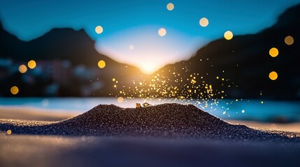 Obraz premium Magical Sunset Sparkle Golden Dust on Dark Sand Beach