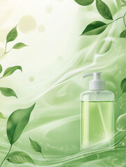 A green liquid soap bottle surrounded by leaves, suggesting freshness and natural ingredients.