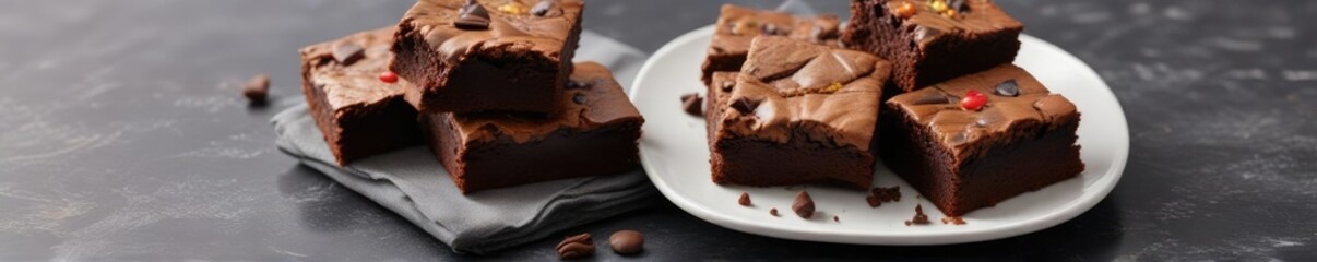 A plate of warm brownies sits on a granite table top, baked goods, table, plate