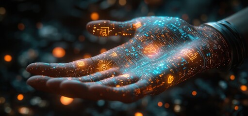 Futuristic Digital Interface Hand Displaying Cyberpunk Telecommunications 5G Technology