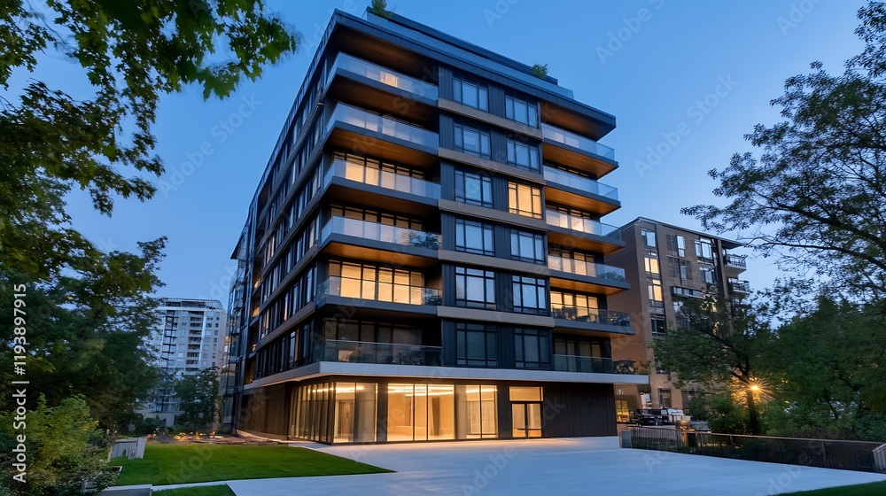 Poster modern apartment complex with illuminated windows in urban nightscape : generative ai