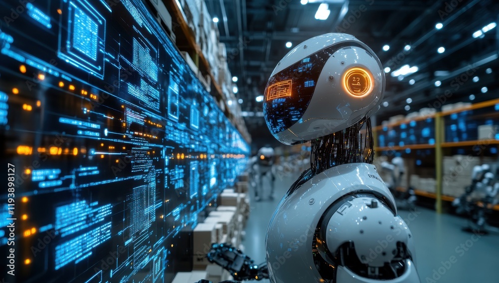 Poster futuristic robot analyzing data in advanced industrial warehouse with digital interface and high-tec