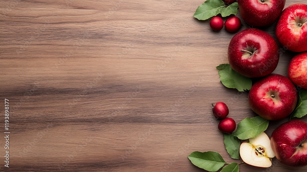 Poster fresh red apples and leaves on wooden background ideal for autumn themes : generative ai
