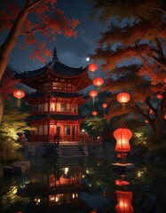 A red paper lantern is hung from a pagoda in a Chinese garden at night, serene atmosphere, stone bridge