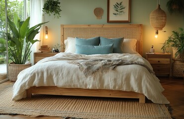 Scandinavian Style Cozy Bedroom Interior with Light Wood Bed Rattan Headboard and Soft White Bedding