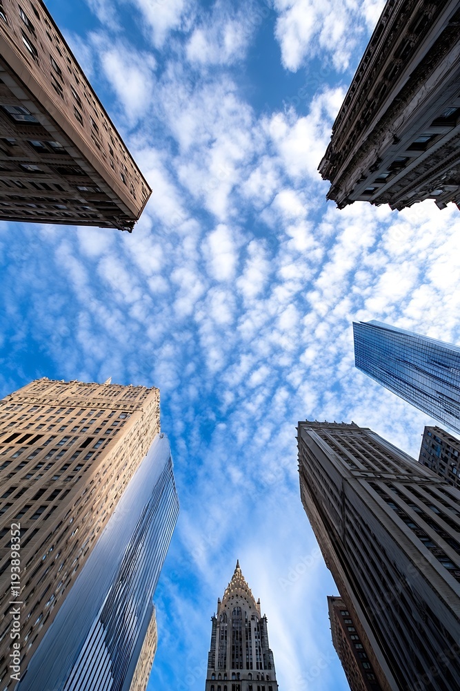 Poster Upward View of Skyscrapers and Dynamic Cloud Formations in Bustling Cityscape : Generative AI