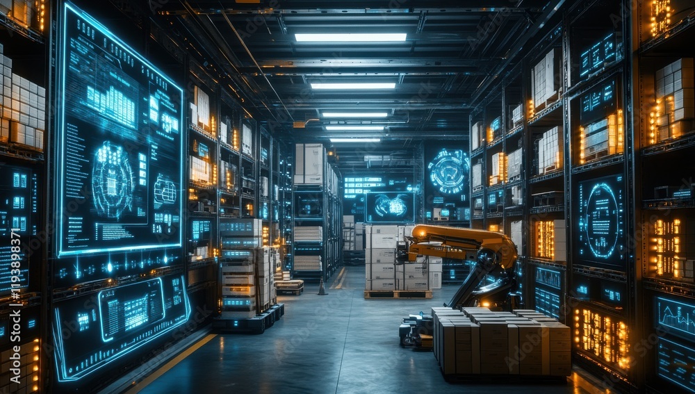 Poster futuristic warehouse with advanced robotics and digital interfaces showcasing automation technology 