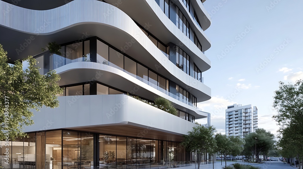 Poster contemporary urban architecture with modern facade and glass elements in sunset light : generative a