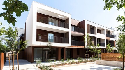 Fototapeta premium Minimalist White and Wooden Apartment Complex with Greenery Under Clear Blue Skies : Generative AI