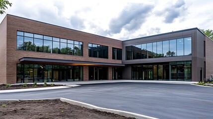 Obraz premium Contemporary commercial office building with sleek glass facade and brick design in modern urban development : Generative AI