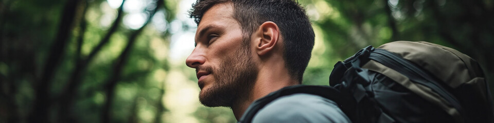 Fototapeta premium Profile of Man with Backpack in Forest Setting