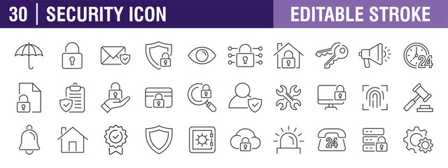 Collection of security icons. Privacy, police, defense, protection, security system. Vector design template, signs, symbols, editable stroke.