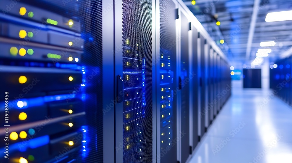 Poster High-Tech Server Room with Glowing LED Lights in a Modern Data Center Environment : Generative AI