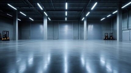 Fototapeta premium Modern Spacious Empty Warehouse Interior with Industrial Lighting and Concrete Floor : Generative AI