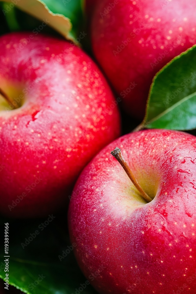 Poster red apples with fresh green leaves in rustic autumn harvest : generative ai