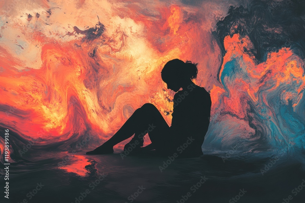 Poster person sitting in shadow amidst abstract elements illustrating mental turmoil in a vibrant landscape
