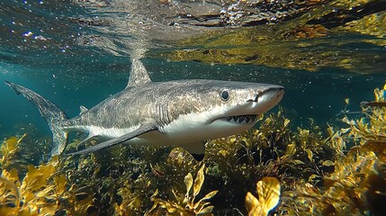Fototapeta premium Majestic Great White Shark in Kelp Forest