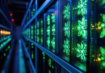 Fototapeta premium Illuminated Rows of Server Racks in a Data Center with Vibrant Green LED Lights Creating a Unique Technological Ambiance for Modern Computing Environments