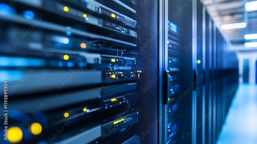 Poster High capacity server racks in a data center with digital connectivity and blinking indicator lights : Generative AI