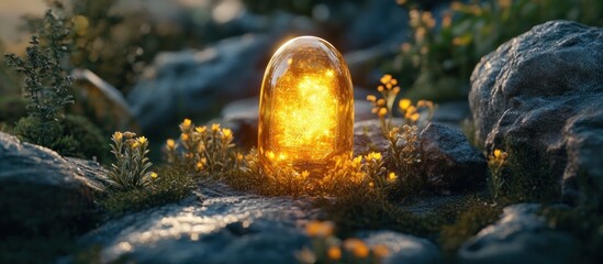 Obraz premium Glowing mystical mushrooms in an enchanted forest landscape at dusk The scene is filled with a warm radiant light that creates a magical fairytale like atmosphere The natural elements
