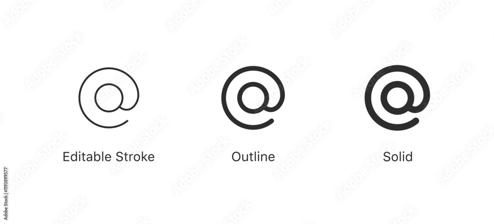 Poster address at icon '@' symbol in three styles: editable stroke, outline, and solid. Minimalist vector icons for web and app interfaces, email, communication, and graphic design projects