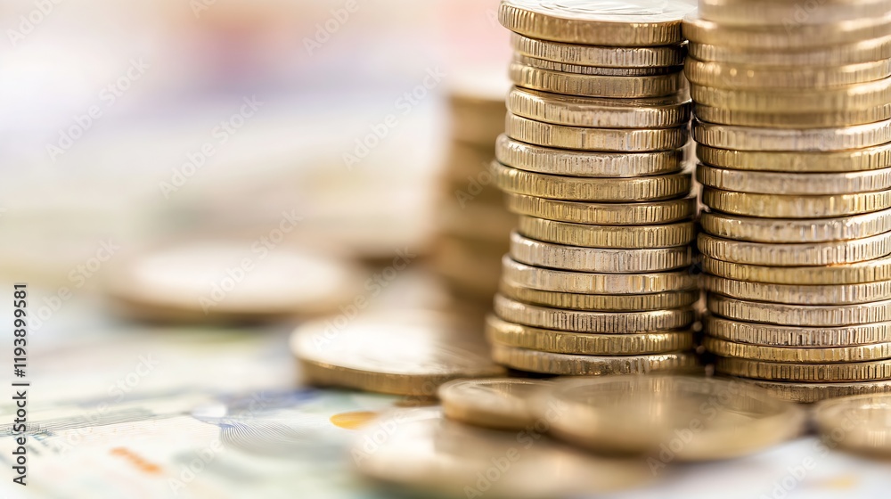 Poster stacked gold coins on blurred background symbolizing wealth : generative ai